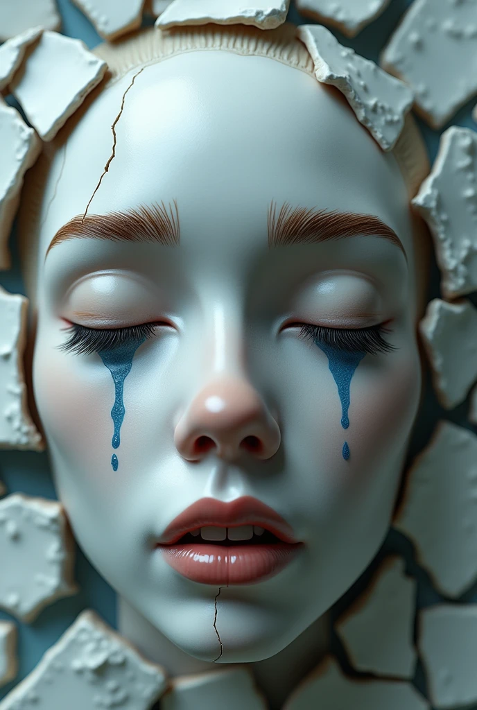 Illustration d'un visage féminin hyperréaliste en porcelaine avec une composition modifiée pour un effet plus dramatique, artistiquement divisé en parties irrégulières, avec des fissures visibles, des yeux fermés avec des larmes bleues, beaucoup de larmes, des cils sombres, des sourcils épais et brun clair, un nez en saillie.. lèvres légèrement entrouvertes exposant les dents une teinte rosâtre naturelle pour les lèvres, un léger éclairage diffus sur le dessus et un arrière-plan flou avec des éclats de céramique.