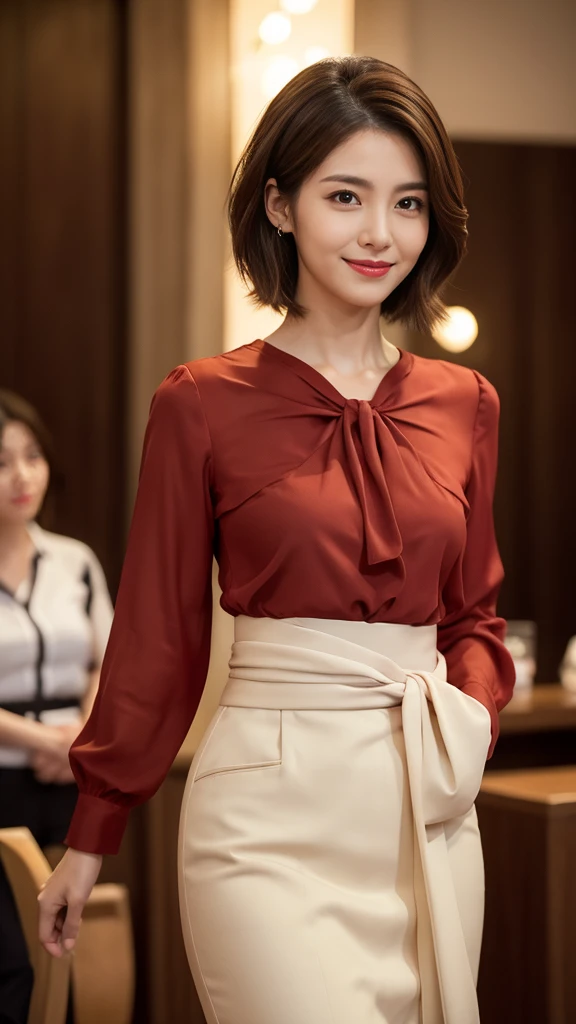 (RAW Photos), (Photorealistic), (masterpiece), (highest quality), High resolution, 8k, (Intricate details), (Volumetric light), Portraiture, woman, Age 35, short hair, Layered Hair, Brown Hair:1.8, Very beautiful eyes, Source order, Very thin eyebrows, Very fine skin, Very nice mouthfeel, Very nice nose, Cute like an idol, Smile, (Thick lips), (Looking at the audience), (Elegant blouse)、Slim waist、Small hips、Thin legs、Long legs、Red lipstick