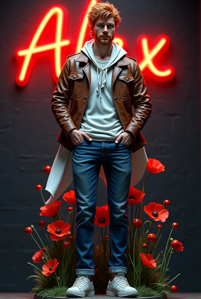 Sculpture design, Figure, (base). male people, caucasian, tall, (muscular), (man with shaggy red hair, blue eyes), wearing blue jeans, wearing white t-shirt, wearing brown leather jacket, white scarf blowing in wind, hands on hips, smiling, poppies, ladybugs, Systemic vision,semi transparent,and there is wall back side in dark night name on wall ALEX which is shining in red colour