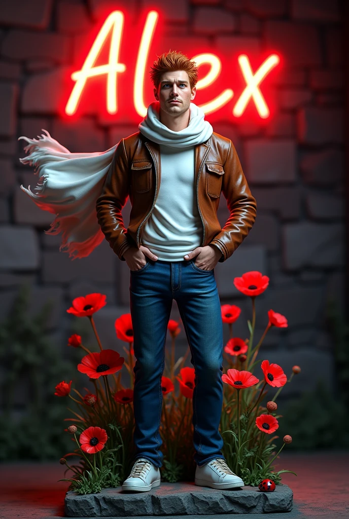 Sculpture design, Figure, (base). male people, caucasian, tall, (muscular), (man with shaggy red hair, blue eyes), wearing blue jeans, wearing white t-shirt, wearing brown leather jacket, white scarf blowing in wind, hands on hips, smiling, poppies, ladybugs, Systemic vision，semi transparent，and  there is wall back side in dark night name on wall ALEX which is shining in red colour 