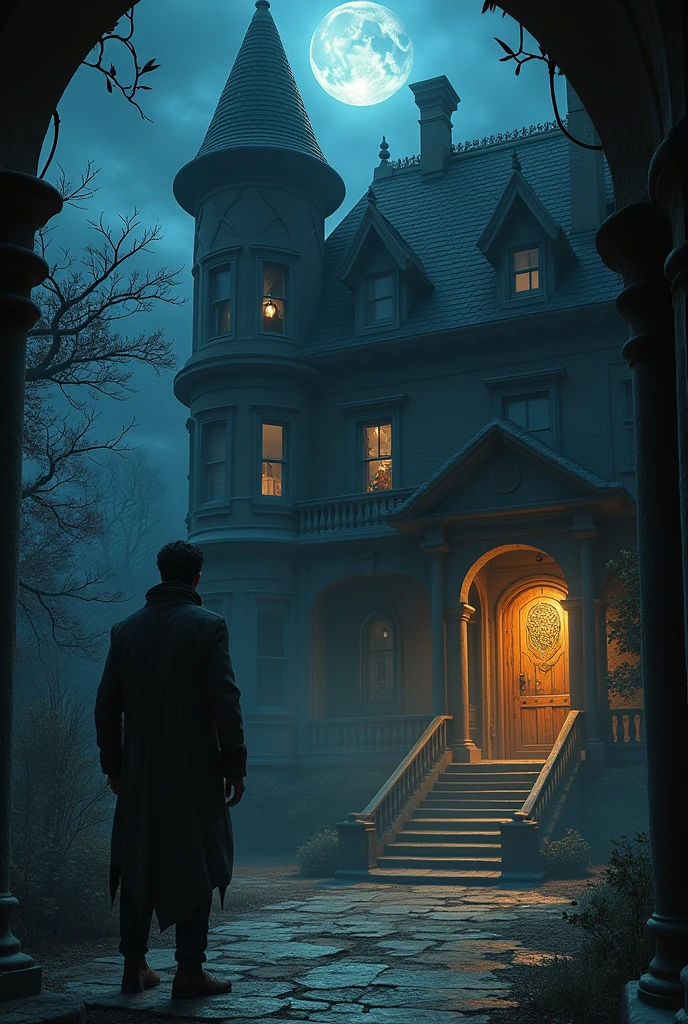 Certainly! Here's a prompt to visualize the story:
---
**Visual Prompt:**
A dimly lit, eerie old mansion surrounded by a moonlit village. The main focus is a brave young man named Raghav, standing at the creaky entrance of the mansion, his expression a mix of determination and anxiety. The inside of the mansion is filled with cobweb-covered, dust-laden portraits of ancestors, but one portrait stands out with just a silhouette. As Raghav explores, he finds a mysterious wooden door with an ancient symbol and a hidden staircase leading to a dark basement. In the basement, a rusty old vault with the same symbol holds a glowing ancient book inside. The book's pages seem to whisper secrets, and as Raghav reads, the final page reveals a profound truth about his destiny, reflecting in his widened eyes.
---
This prompt should help you visualize the story vividly!