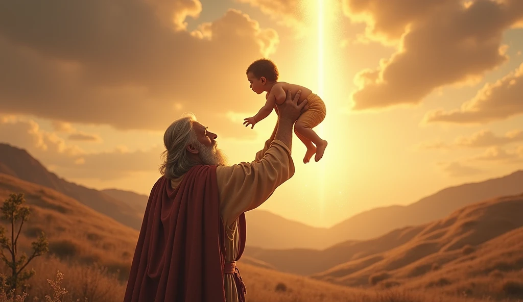 Abraham’s family gathered, with Abraham lifting Isaac toward the sky in a gesture of gratitude, and a celestial light illuminating the scene, highlighting the significance of Isaac’s birth.



