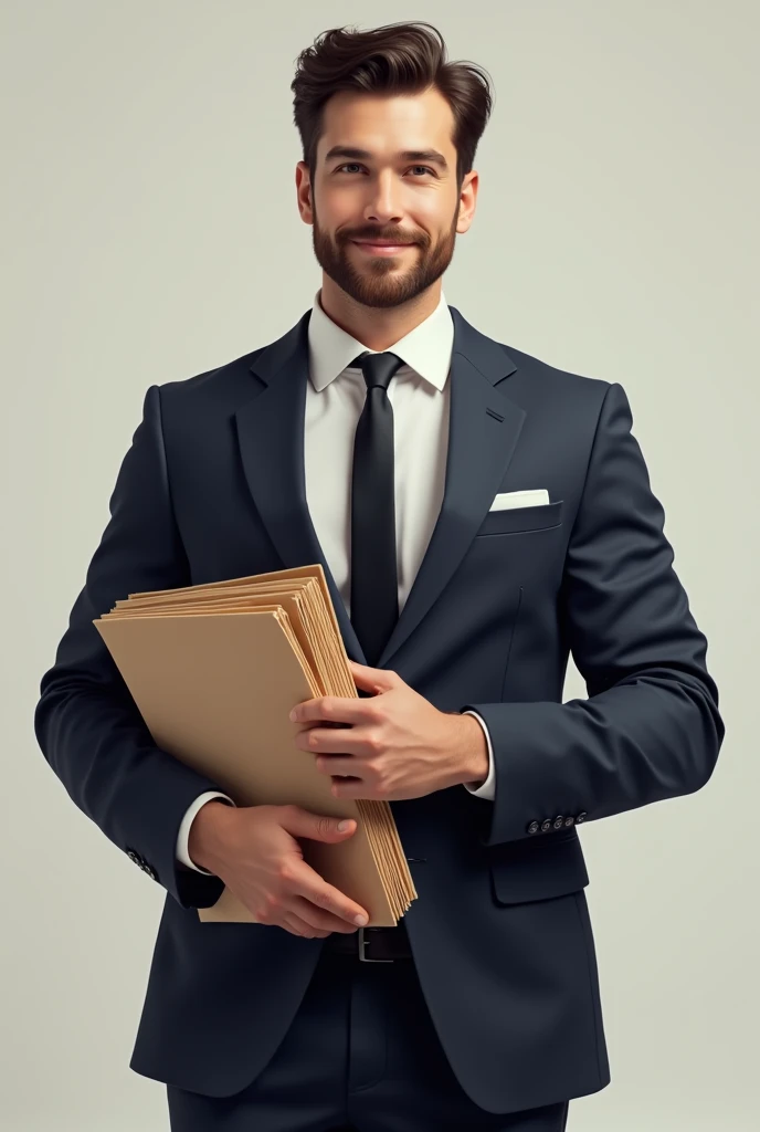 a man wearing formals and has a subtle smile he is carrying a documents file in his hands as if he is going for interview
