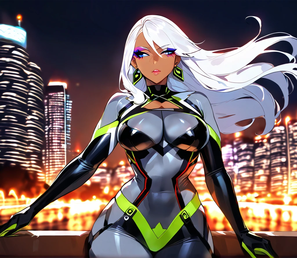 masterpiece, best quality, 1girl, solo, breasts, cleavage, long hair, blue eyes, looking forward, showy, colorful , kogal, fitted, earrings, midriff, (makeup:1.25), tan, dark skin, Высокое разрешение, Точность, Реалистичная анатомия, Высокая детализация, Длинные волосы, Закрытый рот, Приоткрытые губы, В профиль, city background, city lights, Задняя подсветка, Рендеринг 8K, eyes lined with black pencil, white hair, superhero bodysuit