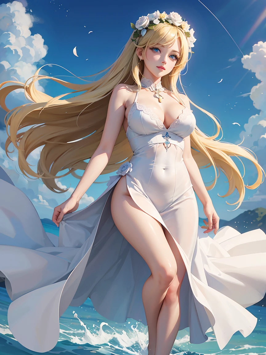 (Highest quality,Very detailed,High resolution,masterpiece,8k),Bright and vibrant colors,Greek White Dress,Stylish makeup,Mid length, Shiny blonde hair blowing in the wind,Beautiful long, narrow eyes,Beautiful Blue Eyes,Glossy Lips,Beautiful woman with plump breasts,Beautiful neckline, Beautiful full body style,Holding,A beautiful and elegant smile,Greek Temple,Rose flower,Detailed anime art,Portraiture,