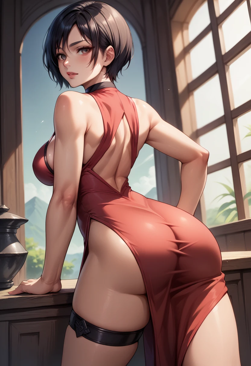 score_9, score_8_up, score_7_up, BREAK, score_9, adachina, black hair, breasts, short hair, black eyes, china dress, choker, thigh strap, side slit, looking at viewer, cowboy shot, small ass, from behind, dark sky