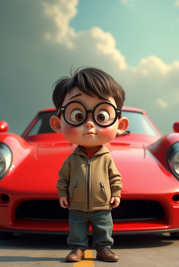 Boy with big head and glasses in front of a red seat car