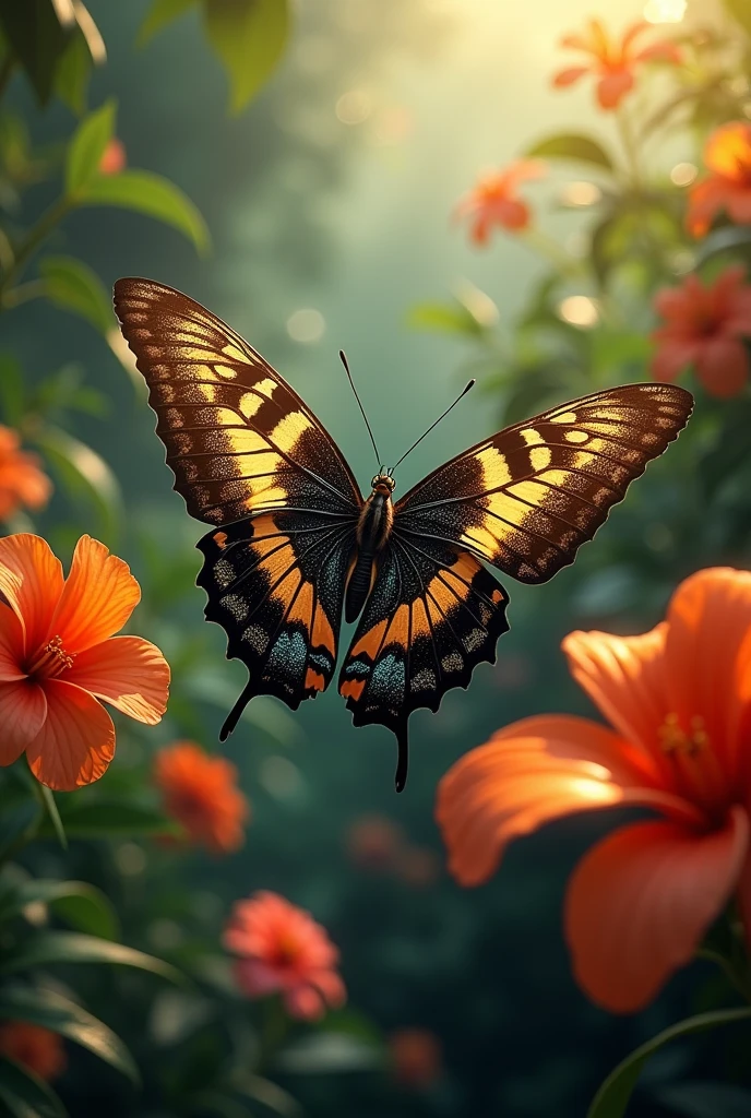 A large butterfly with gold and black wings, flying around tropical flowers. 