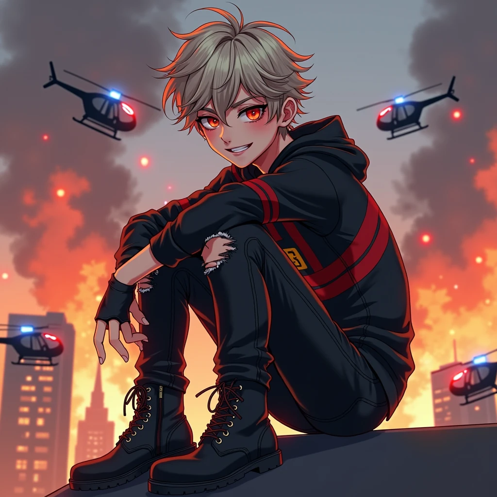 ((Hair: Grayish blonde, short-curly styled)), ((Appearance: Fair-Skinned boy, around 160cm's height, lean)), ((Eyes: Bright Scarlet-red, black sclera)), ((Clothes: Black long-sleeved hoodie with red stripes)), ((Under clothes: Black ripped jeans and black boots)), ((Face: Cute, young teenager of 16 years-old)), ((Action: Sitting on top of a building with a mischievous grin on his face)), ((Accessories: Black fingerless glove's)), ((Facial Expression: Mischievous, cute, soft blush)), ((City: Modern stiled, on fire)), ((Location: city, surrounded by police helicopters)), ((Helicopters: police-styled with police officers on it with guns)),