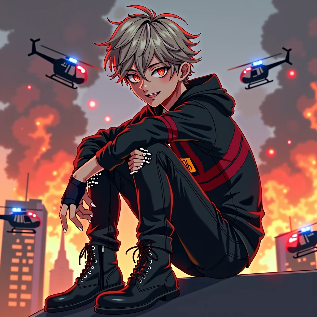 ((Hair: Grayish blonde, short-curly styled)), ((Appearance: Fair-Skinned boy, around 160cm's height, lean)), ((Eyes: Bright Scarlet-red, black sclera)), ((Clothes: Black long-sleeved hoodie with red stripes)), ((Under clothes: Black ripped jeans and black boots)), ((Face: Cute, young teenager of 16 years-old)), ((Action: Sitting on top of a building with a mischievous grin on his face)), ((Accessories: Black fingerless glove's)), ((Facial Expression: Mischievous, cute, soft blush)), ((City: Modern stiled, on fire)), ((Location: city, surrounded by police helicopters)), ((Helicopters: police-styled with police officers on it with guns)),
