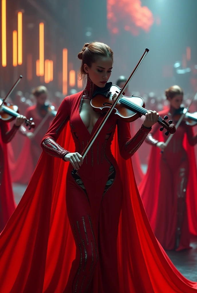 Cyborg wemen orchestra playing violencelle and all of them wearing red cape,vivid cinematic4k colors