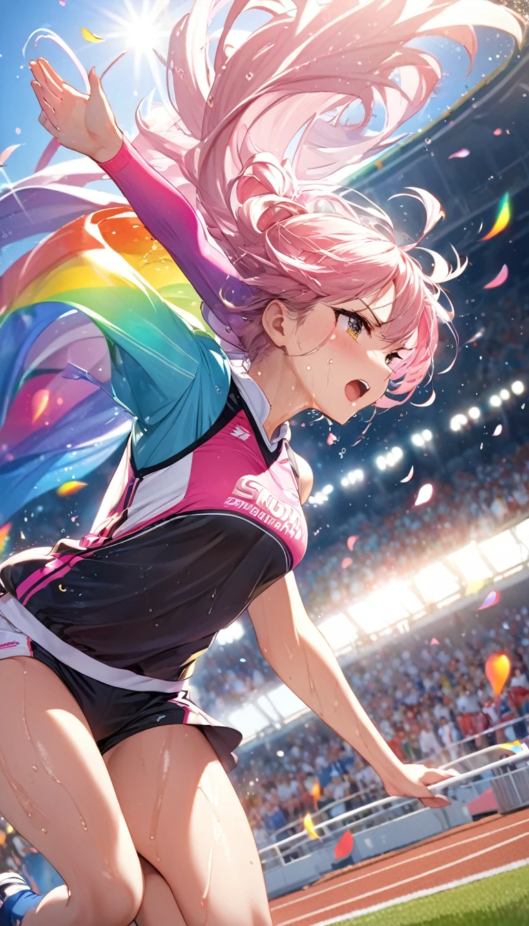 (Sports magazine cover photo), Highest quality, Great quality, 16K, Unbelievably absurd, Very detailed, delicate and dynamic, Natural light, The particles reflect light, Diffuse reflection of light, Many rainbow-colored petals fall, Beautiful truck studium, Sparkling Sun, Diffuse reflection of light, Create amazing image effects, , Wet, sweating, high jump competition, Close-up(Cute sexy girl, big bouncing busts, Sensual expression, Cool girl, Serious, passion, Dynamic, Flashy track and field uniform, audience , much-air-laden cheer)