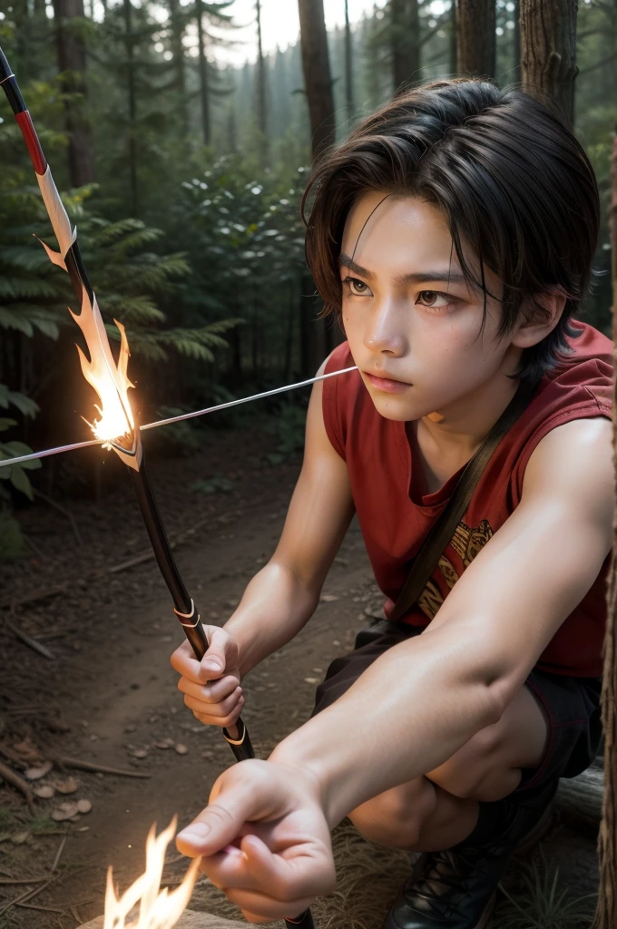 Boy, teenager, hair on fire, indigenous, bow and arrow, forest, Red eyes