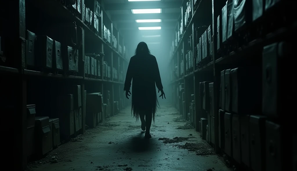 A shadowy, wide cluttered abandon dormitory empty room filled with dark corners and unsettling shadows. A dark, tall monster figure with an inhuman quality emerges from the darkness, moving with unnatural speed. The atmosphere is tense and filled with a sense of impending danger."