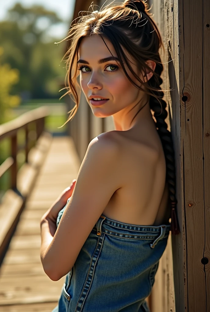 Une fille magnifique avec une peau douce, ses boucles noires mi-longues et sa peau de porcelaine se tiennent gracieusement sur les marches en bois. Ses traits délicats et ses yeux hypnotisants dégagent une beauté naturelle qui captive le spectateur. Elle est vêtue d'un jean moulant qui met en valeur son corps élancé. Elle crée un lien émotionnel en relevant légèrement ses hanches, regardant la caméra avec un mélange d'innocence et de charme, comme si elle voulait que son derrière soit vu. La scène est baignée de soleil chaud, mettant en valeur les riches textures du bois qui l'entoure. Tourné avec le Sony FX3, l'image souligne la qualité éthérée de sa présence, faisant de sa beauté et du moment quelque chose de presque irréel.