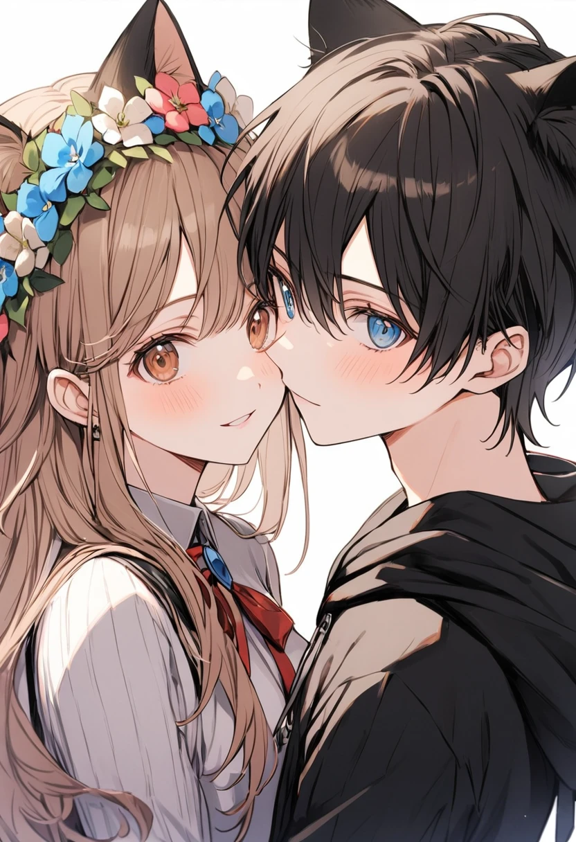 2 people 1 person（Cat ears Brown hair Brown eyes Uniform(pink、light blue) Long Hair Flower Crown ）Second Person（Male, black hair, blue eyes, cat ears, black hoodie） The two are dating and in love