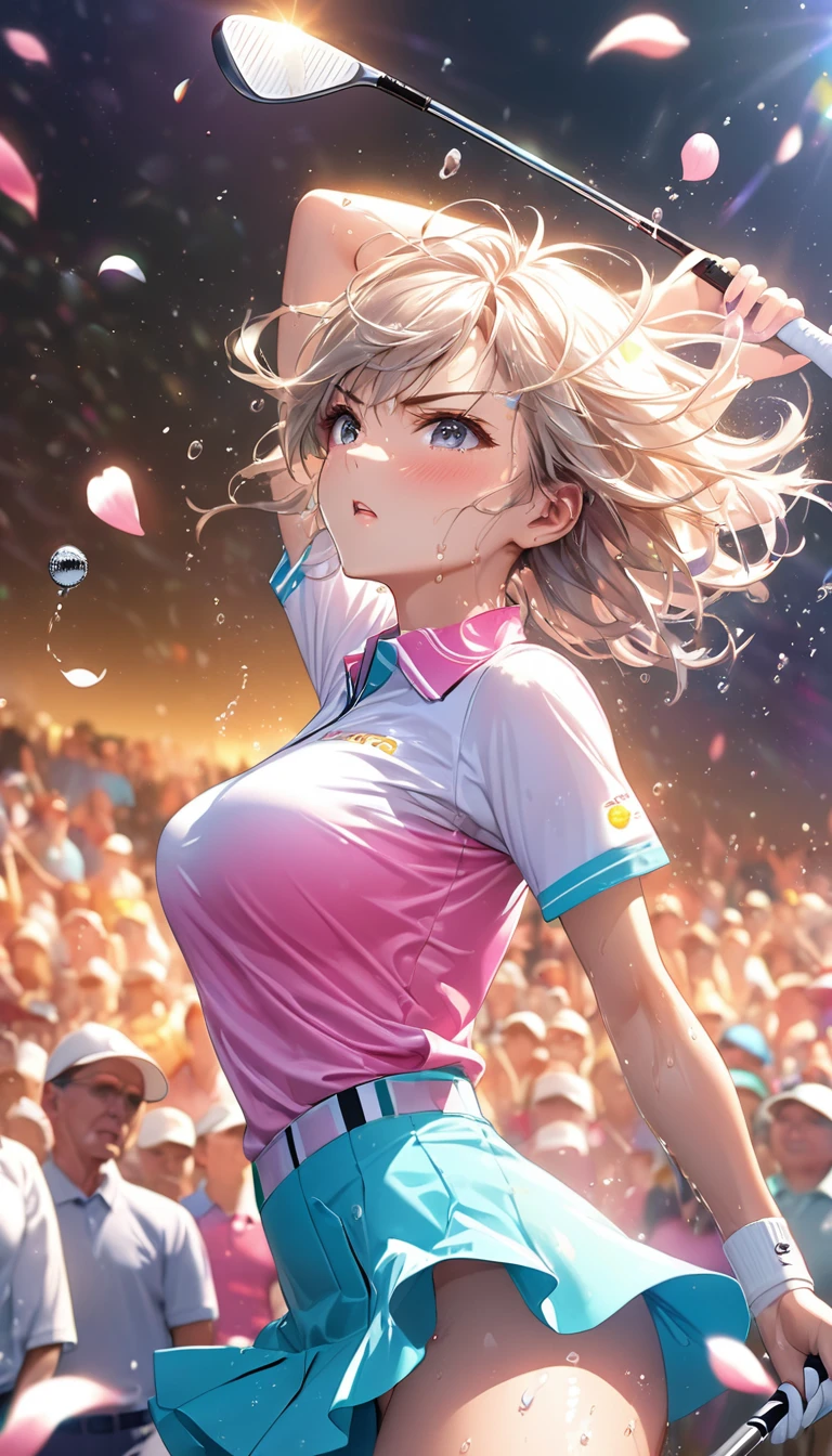 (Sports magazine cover photo), Highest quality, Great quality, 16K, Unbelievably absurd, Very detailed, delicate and dynamic, Natural light, The particles reflect light, Diffuse reflection of light, Many rainbow-colored petals fall, Beautiful field, Sparkling Sun, Diffuse reflection of light, Create amazing image effects, , Wet, sweating, golf, swinging golf putter, Close-up(Cute sexy girl, big bouncing busts, Sensual expression, Cool girl, Serious, passion, Dynamic, Flashy golf wear, ,audience , much-air-laden cheer)