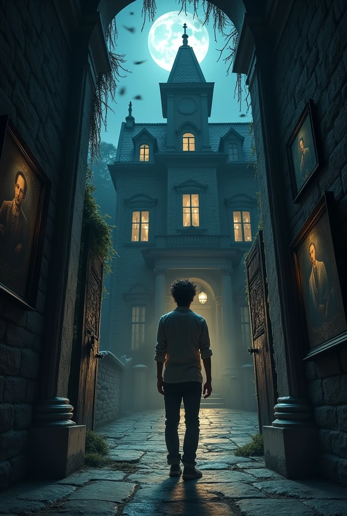 Certainly! Here's a prompt to visualize the story:
---
**Visual Prompt:**
A dimly lit, eerie old mansion surrounded by a moonlit village. The main focus is a brave young man named Raghav, standing at the creaky entrance of the mansion, his expression a mix of determination and anxiety. The inside of the mansion is filled with cobweb-covered, dust-laden portraits of ancestors, but one portrait stands out with just a silhouette. As Raghav explores, he finds a mysterious wooden door with an ancient symbol and a hidden staircase leading to a dark basement. In the basement, a rusty old vault with the same symbol holds a glowing ancient book inside. The book's pages seem to whisper secrets, and as Raghav reads, the final page reveals a profound truth about his destiny, reflecting in his widened eyes.
---
This prompt should help you visualize the story vividly!