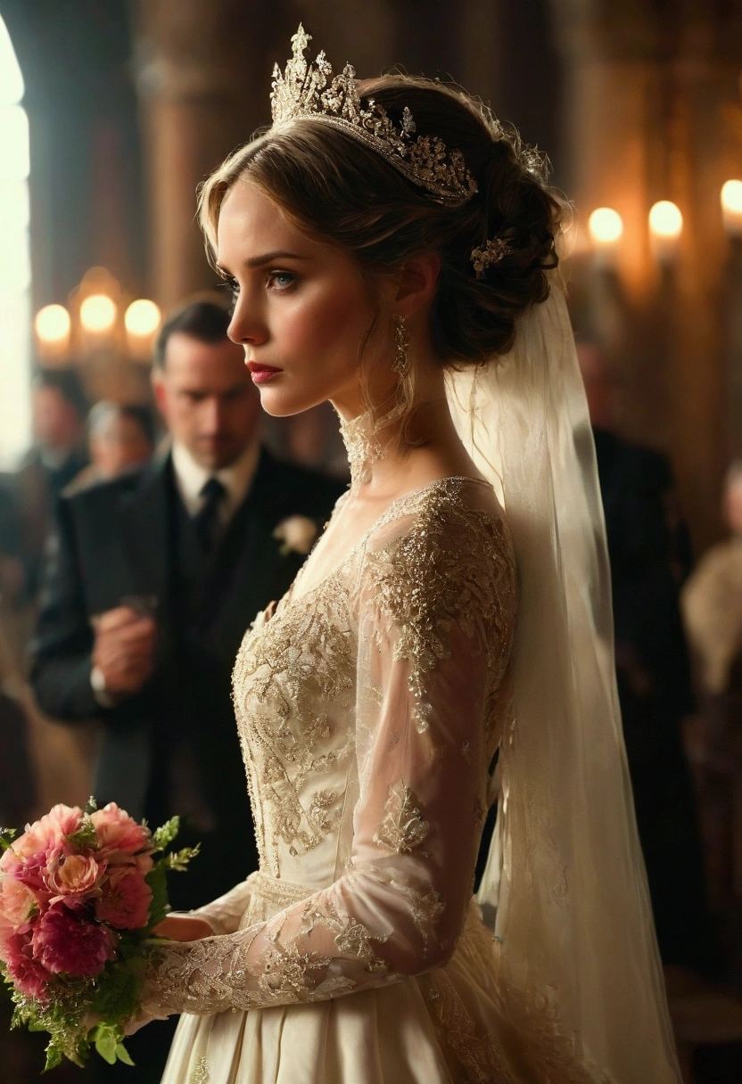 Cover for romantic novel where beautiful bride and groom positioned at the center, in front of Priest in beautiful and elegant church with soft lighting and full off guests. Bride and Grom stands separate. Cinematic action scene, highly detailed, wide shot, Low Angle Shot, 4K, highly detailed, epic scene, dynamic scene. The Priest stands between the bride and groom, reciting vows. PEYGAN SINCLAIR, a handsome man in his early 30s. The man looks elegant and stylish. He has a well-styled haircut featuring a classic look. His hair is medium-length on top with a slight wave, adding volume and texture, while the sides and back appear shorter and neatly trimmed. The hairstyle is likely achieved with a side part, giving it a clean, refined appearance. His beard and mustache that complements his strong jawline. His skin tone is fair, and his features are sharp and defined. He is dressed in a classic black suit with a white shirt and bow tie. His facial expression is calm and focused. His eyes are nearly closed. Overall, the man gives the impression of an elegant, well-groomed, and confident person. MALEFICENT DANICA, an elegant bride in her 30s. The woman appears elegant and romantic. Her hair is styled in an updo, with her blonde or light brown hair gathered at the back of her head. A decorative hair accessory, resembling a floral or jeweled headband, adorns her hairstyle. She wearing a luxury wedding, as her shoulders and upper chest are bare. The woman is wearing earrings that appear to be dangling or drop-style, adding to her sophisticated look. Her makeup is noticeable but elegant, with what appears to be darker eye makeup enhancing her eyes. Her facial expression is soft but tense. Her eyes are nearly closed, and her lips are slightly parted, conveying a sense of emotional anticipation. The lighting in the scene creates a soft outline of their profile, adding drama and depth to the image.