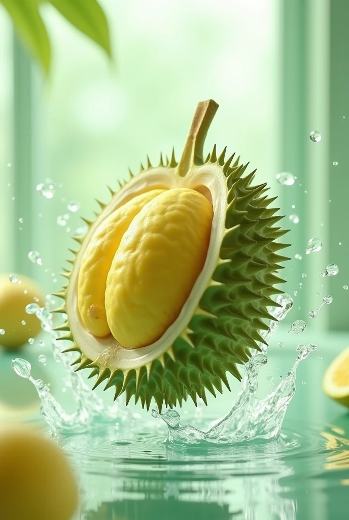 A blurred durian fruit with its unique spiky green shell and yellow flesh, surrounded by splashing water droplets, rendered in the style of Cinema40. The scene captures a micro-level focus similar to Marcin Sobas's style, with contemporary glass elements and delicate texture, showcasing light green and white tones. The durian an appears to be suspended in a bright, fresh space, creating an ultra high-definition image with a sense of dynamic motion and clarity