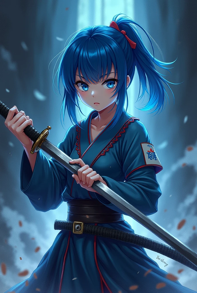 short hair, has a ponytail on the side, blue hair color, blue eyes color, white skin color, prepare to fight using a katana,kimetsu no yaiba style