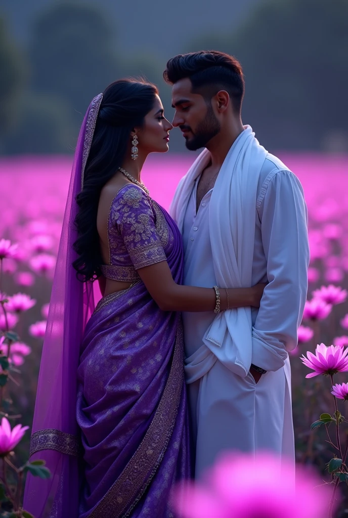 beautiful field with flowers, many flowers with purple shade. there in the flowers sits a woman of Indian origin, slightly dark-skinned in a purple beautiful sari. gorgeous beautiful saree it's a bit dark outside. the flowers are glowing and the sari is beautiful with silver tones. with a very handsome guy next to him. he has a white, men's sari, . he is very handsome