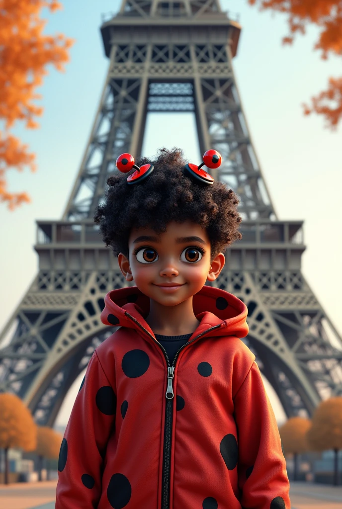  Create a  teenage boy with side-swept hair and dark skin, a ladybug costume with a ladybug face mask and curly hair with red highlights under the Eiffel Tower