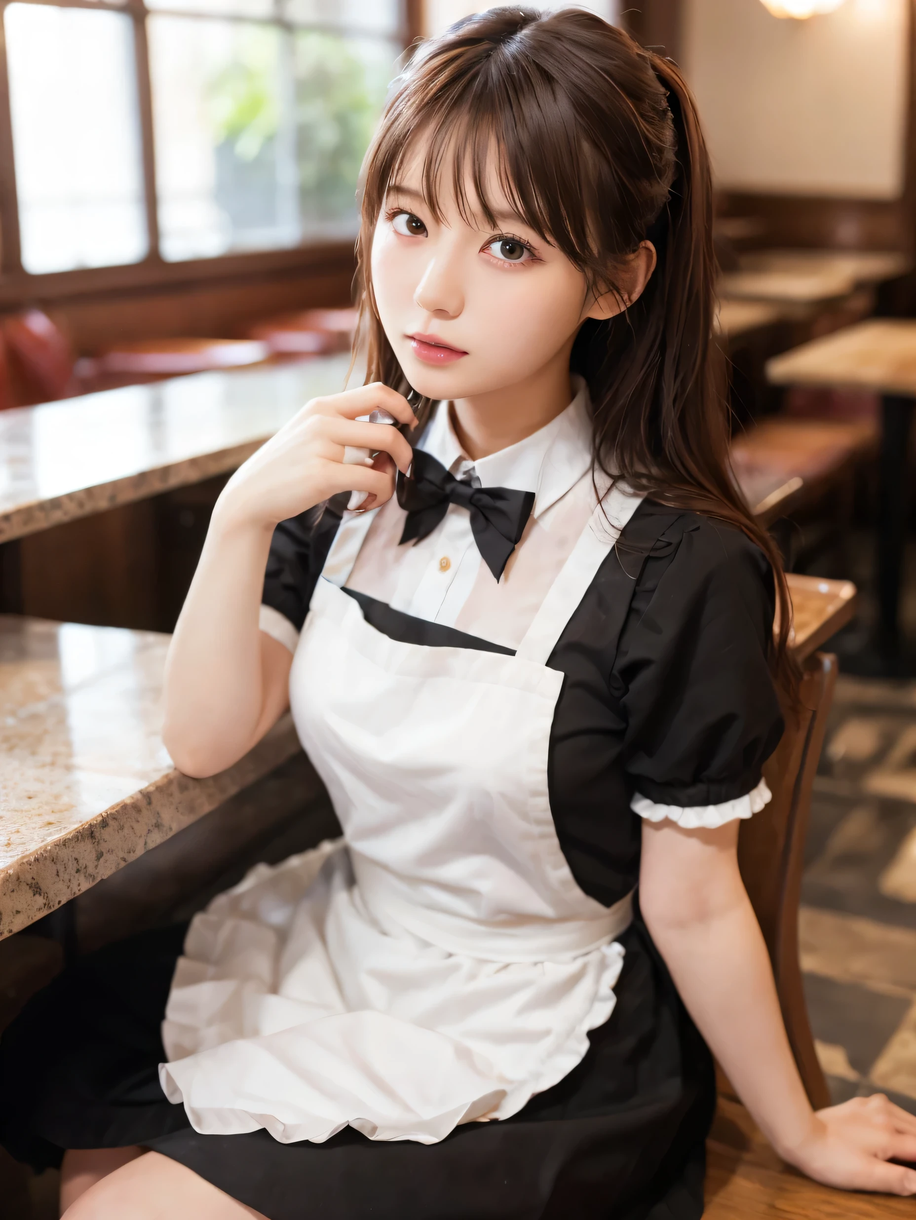1 girl、(RAW Photos、Highest quality)、(Real、Photoreal:1.4)、Tabletop、Very delicate and beautiful、Very detailed、2k wallpaper、wonderful、Detailed、very detailedCG Unity 8K wallpaper、Super detailed、High resolution、Waitress Outfit、Maid clothes、Soft Light、Beautiful detailed girl、Cafe waitress、Very detailed目と顔、Cafe