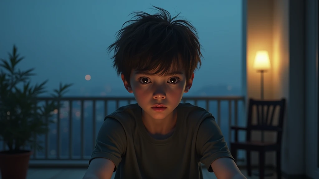Ultra-realistic portrait of a 1 boy with short brown hair and expressive eyes that reflect fear and vulnerability. He is dressed casually and sitting on a balcony.
The teenage boy is sitting on a balcony, with the night sky visible in the background. The environment should include elements such as a chair and plants, but should be blurred so as not to distract from the main subject.
The lighting should be soft and natural, with night light coming from an outside lamp, creating subtle shadows that accentuate the teenager's expression of fear. The light should highlight the eyes and the texture of the skin, emphasizing the seriousness of the situation.
The image should convey a sense of fear and vulnerability, with a touch of introspection. Suggest a cool color palette, such as blues and grays, to complement the nocturnal atmosphere.
The photo should be of high quality, with 8k rendering and extreme detail, capturing the emotional essence of the moment.