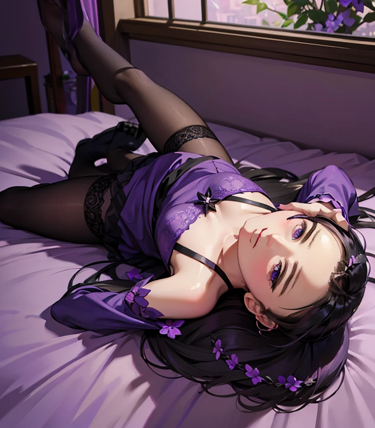 16k, a woman beautiful dress, ((purple dress and black stocking)), purple flowers in head up, smile, realistic high detailed, ultra realistic, indoor room bed sleep, ((full body))