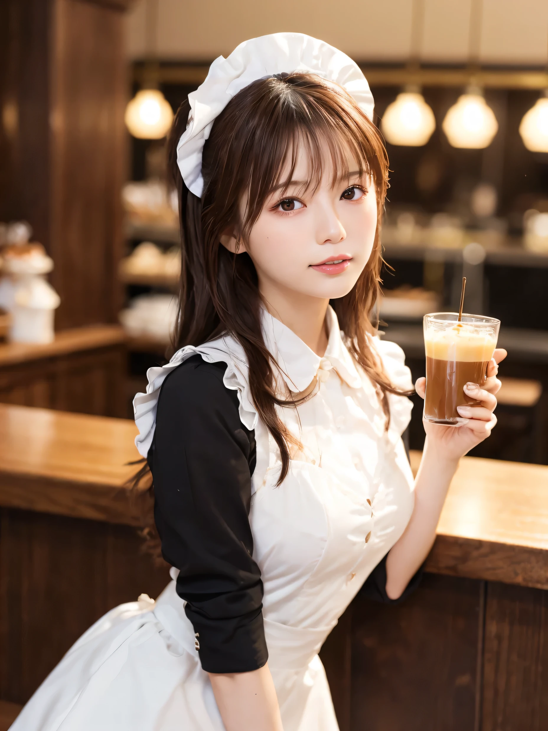 1 girl、(RAW Photos、Highest quality)、(Real、Photoreal:1.4)、Tabletop、Very delicate and beautiful、Very detailed、2k wallpaper、wonderful、Detailed、very detailedCG Unity 8K wallpaper、Super detailed、High resolution、Waitress Outfit、Maid clothes、Soft Light、Beautiful detailed girl、Cafe waitress、Very detailed目と顔、Cafe