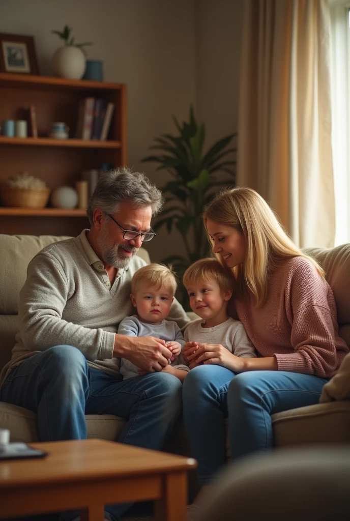 A father and mother and a son and daughter are sitting on chairs in the living room. ,Realistic Original Photo