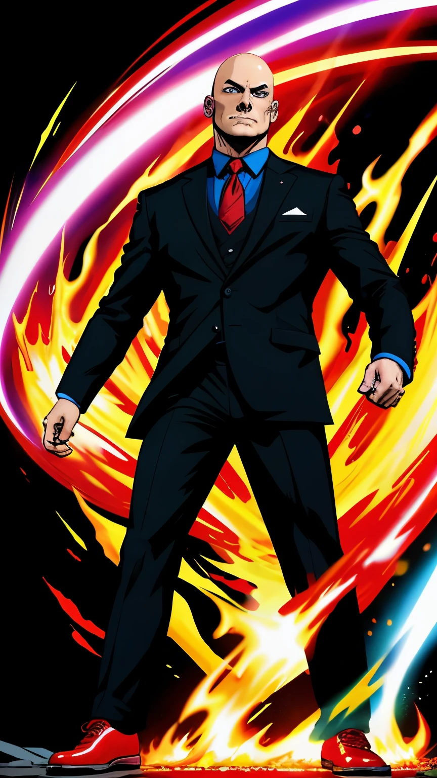 Full body, bald man, 30yo, black suit, red shoes, digital art,  vibrant colors, judge, flaming red eyes, X in background, high quality, high definition, cartoon style, caricature