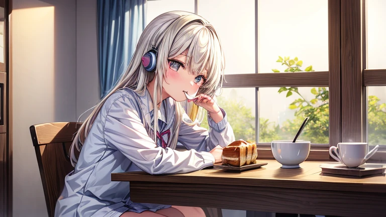 Highest quality,Asahiが差し込む部屋,One girl,Eating delicious looking ham and eggs, toast and coffee,listening to music with headphones on,Asahi,Windows are open、Wind、Light、curtain,女の子の髪もWindに揺られている。Lightがキラキラきらめいて美しい。My eyes are at the window。The background is watercolor-like anime style.,部屋の中はLightの粒子が煌めいて幻想的になっている