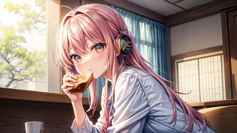 Highest quality,Asahiが差し込む部屋,One girl,Eating delicious looking ham and eggs, toast and coffee,listening to music with headphones on,Asahi,Windows are open、Wind、Light、curtain,女の子の髪もWindに揺られている。Lightがキラキラきらめいて美しい。My eyes are at the window。The background is watercolor-like anime style.,部屋の中はLightの粒子が煌めいて幻想的になっている