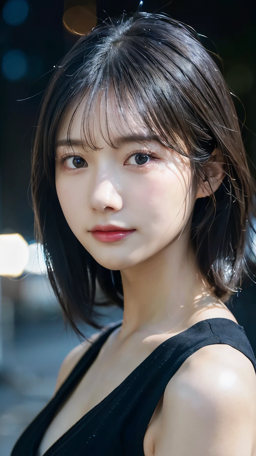 (Highest quality,masterpiece:1.3,Ultra-high resolution,),(Very detailedな,Caustics),(Photorealistic:1.4,RAW shooting,)Ultra-Realistic Capture,Very detailed,High resolution 16K for human skin、 Natural skin texture、、Skin tone is even and healthy looking、 Use natural light and colour,One Woman,Japanese,,cute,Black-haired,Mid-length hair,(Written boundary depth、chromatic aberration、、Wide range of lighting、Natural Shading、)、(Outdoor lighting at night:1.4)、(Hair swaying in the wind:1)、short hair、Outward flicked edge