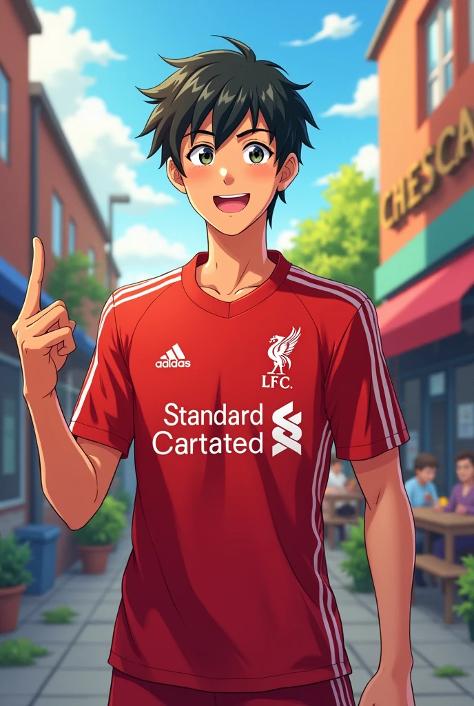 A handsome young man smiles Toriyama Akira style and gives a two-finger salute while wearing a Liverpool shirt. standing in cartoon style illustration Detailed and colorful Dynamic photography, realistic high-quality colorful poses.
