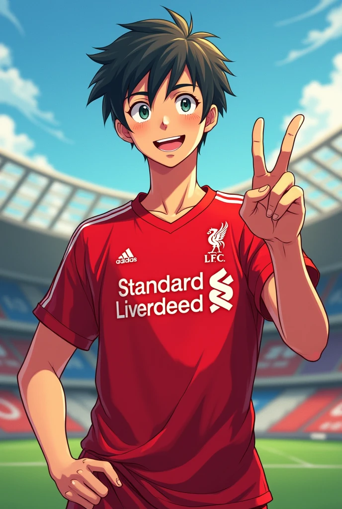 A handsome young man smiles Toriyama Akira style and gives a two-finger salute while wearing a Liverpool shirt. standing in cartoon style illustration Detailed and colorful Dynamic photography, realistic high-quality colorful poses.