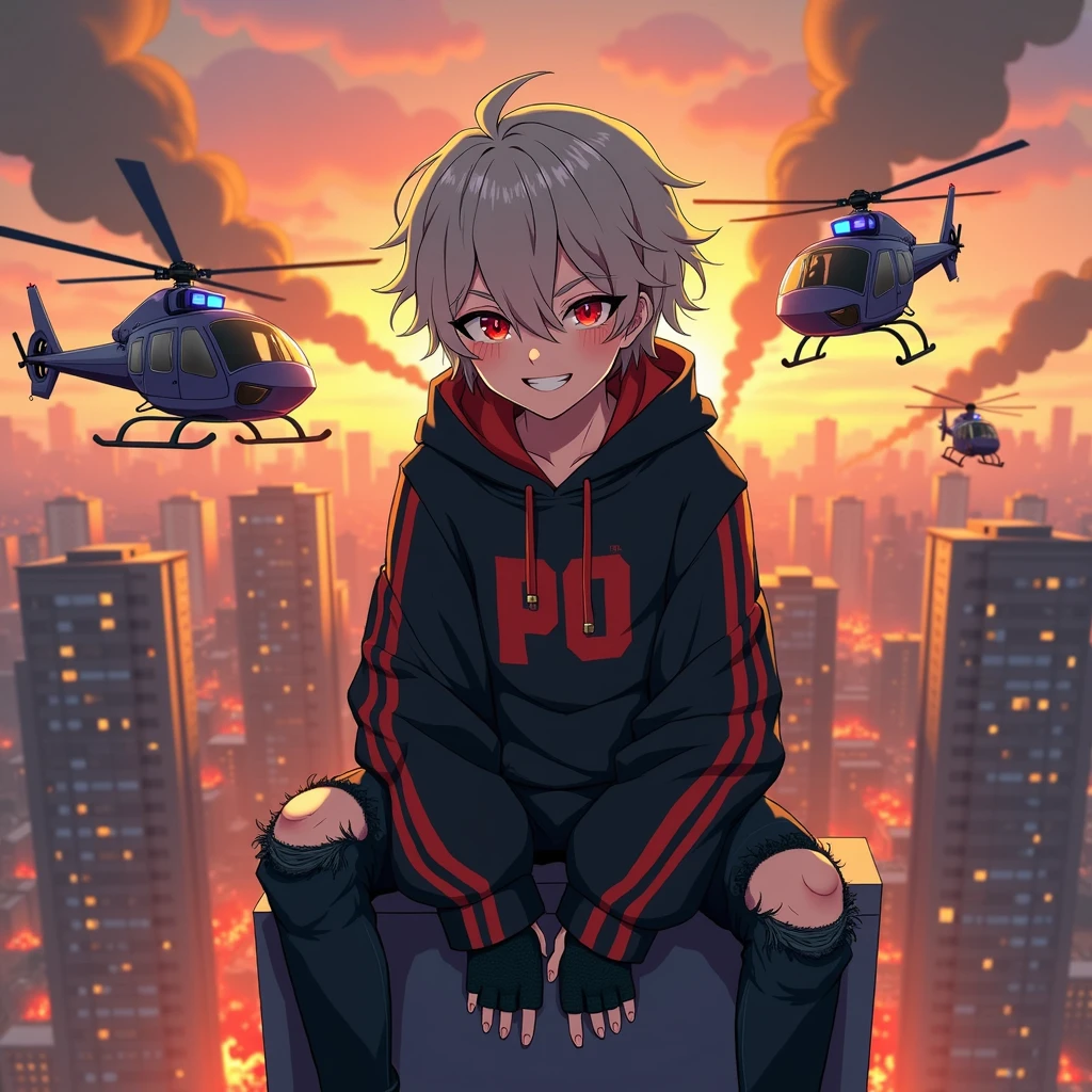 ((Hair: Grayish blonde, short-curly styled)), ((Appearance: Fair-Skinned boy, around 160cm's height, lean)), ((Eyes: Bright Scarlet-red, black sclera)), ((Clothes: Black long-sleeved hoodie with red stripes)), ((Under clothes: Black ripped jeans and black boots)), ((Face: Cute, young teenager of 16 years-old)), ((Action: Sitting on top of a building with a mischievous grin on his face)), ((Accessories: Black fingerless glove's)), ((Facial Expression: Mischievous, cute, soft blush)), ((City: Modern stiled, on fire)), ((Location: city, surrounded by police helicopters)), ((Helicopters: police-styled with police officers on it with guns)),