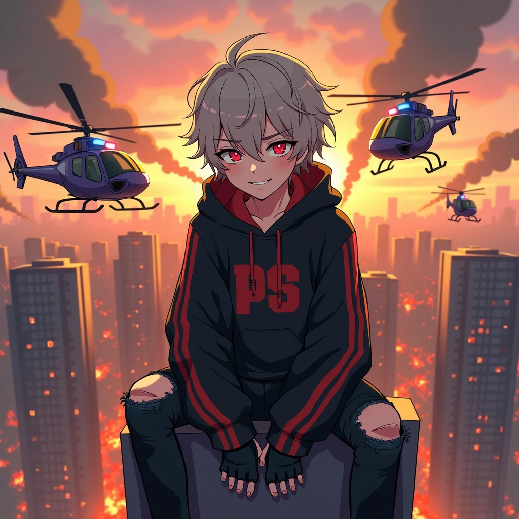 ((Hair: Grayish blonde, short-curly styled)), ((Appearance: Fair-Skinned boy, around 160cm's height, lean)), ((Eyes: Bright Scarlet-red, black sclera)), ((Clothes: Black long-sleeved hoodie with red stripes)), ((Under clothes: Black ripped jeans and black boots)), ((Face: Cute, young teenager of 16 years-old)), ((Action: Sitting on top of a building with a mischievous grin on his face)), ((Accessories: Black fingerless glove's)), ((Facial Expression: Mischievous, cute, soft blush)), ((City: Modern stiled, on fire)), ((Location: city, surrounded by police helicopters)), ((Helicopters: police-styled with police officers on it with guns)),
