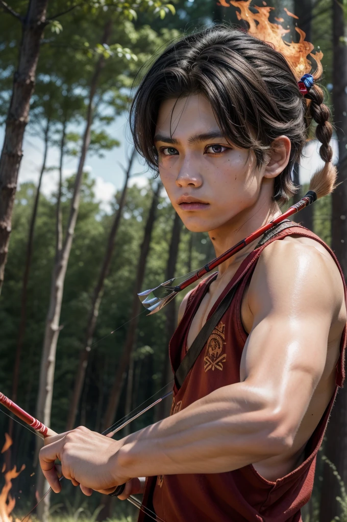 Boy, teenager, hair on fire, indigenous, bow and arrow, forest, Red eyes 