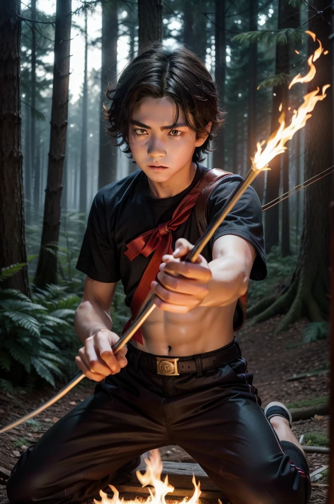 Boy, teenager, hair on fire, indigenous, bow and arrow, forest, Red eyes, Fire, Red hair, 