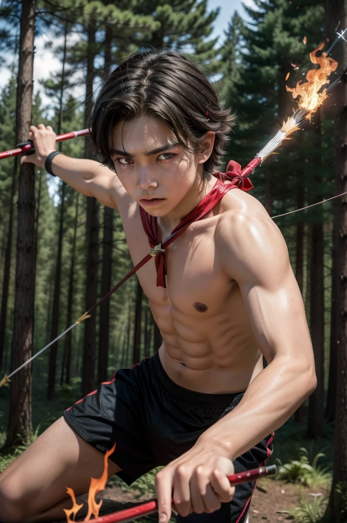 Boy, , hair on fire, indigenous, bow and arrow, forest, Red eyes, Fire 