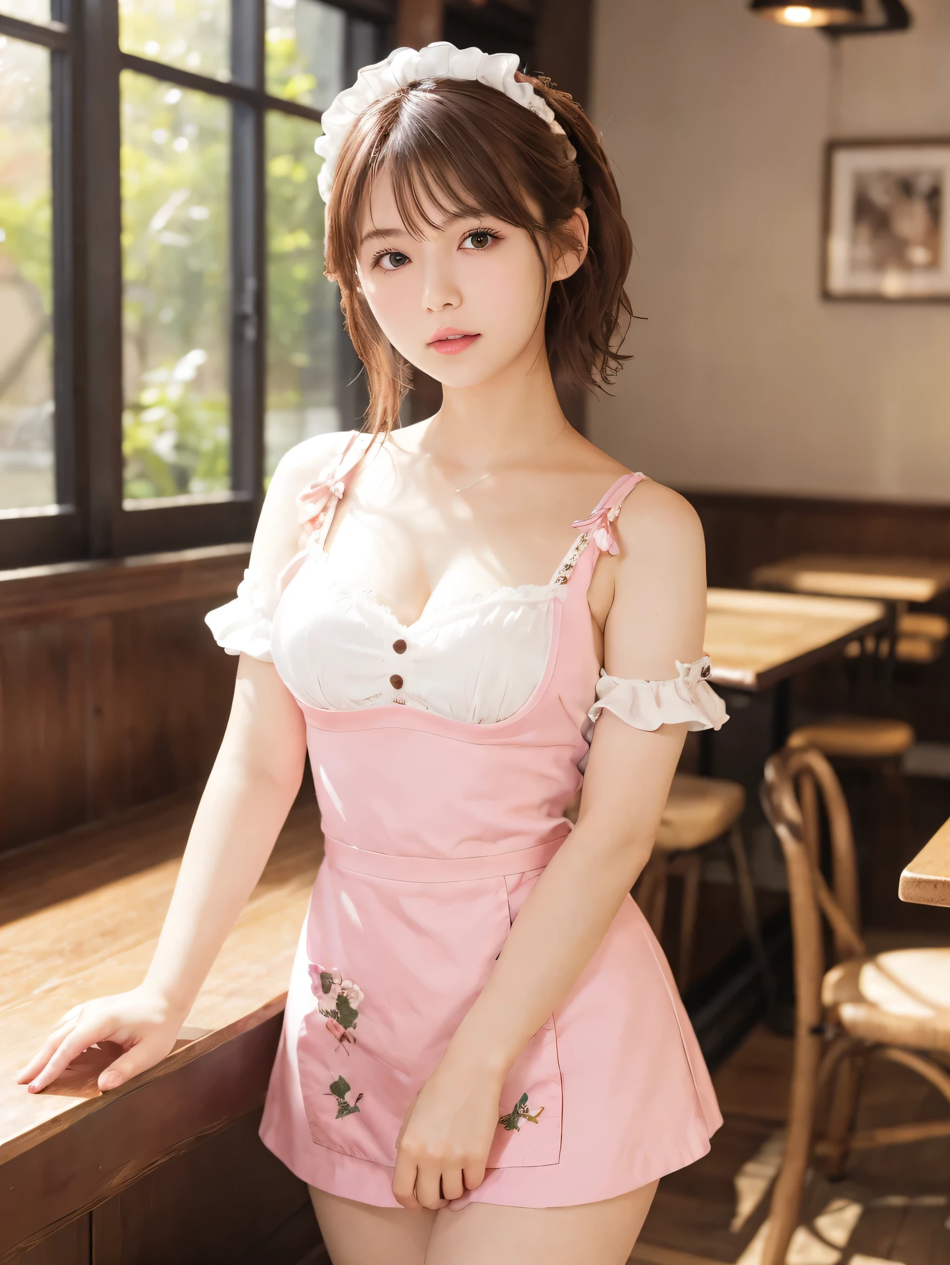 1 girl、(RAW Photos、Highest quality)、(Real、Photoreal:1.4)、Tabletop、Very delicate and beautiful、Very detailed、2k wallpaper、wonderful、Detailed、very detailedCG Unity 8K wallpaper、Super detailed、High resolution、Waitress Outfit、Pink maid outfit、Soft Light、Beautiful detailed girl、Cafe waitress、Very detailed目と顔、Cafe