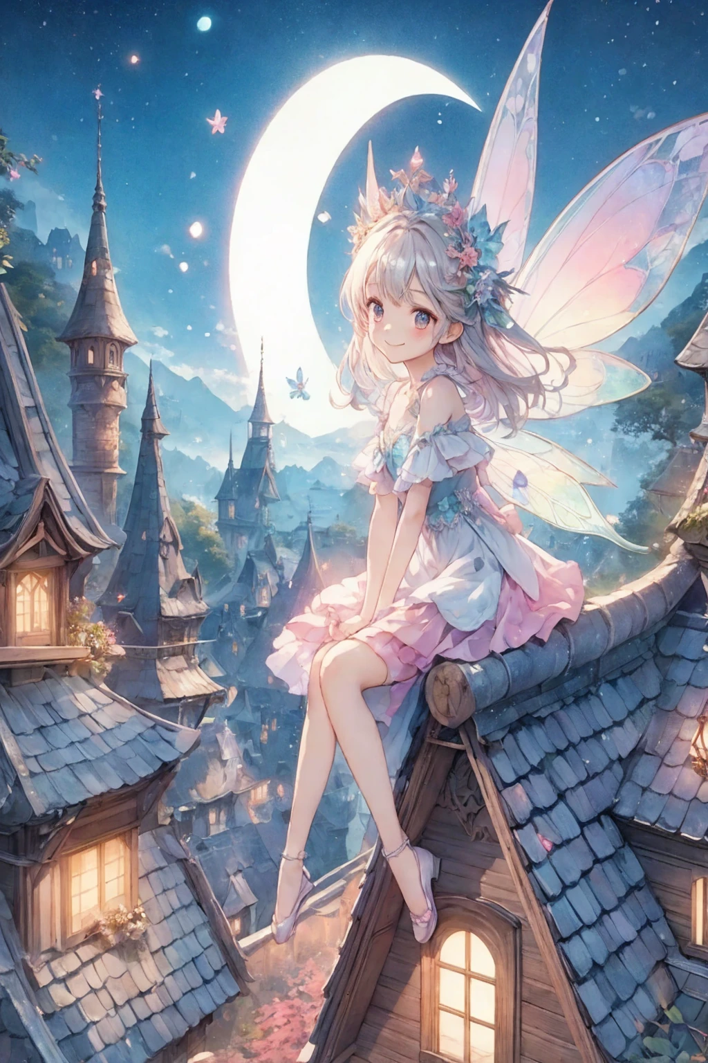 Anime girl with fairy wings sitting on the roof of a house, Beautiful fantasy anime, Anime fantasy illustration, Anime fantasy artwork, 2. 5 d cgi Anime fantasy artwork, Fairy aesthetics, Smiling like a fairy queen, Fantasy art style, anime art wallpaper 4k, anime art wallpaper 4k, Highly detailed official artwork, Fairy tale style illustration, Fairy-like atmosphere