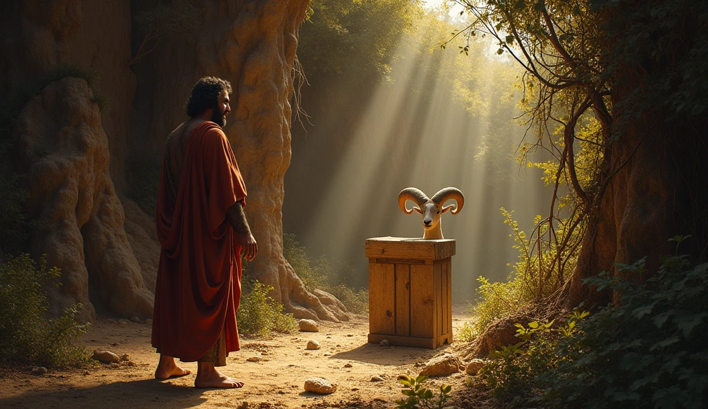 The dramatic image of the ram caught in a thicket beside the altar, with Abraham looking at it with relief and gratitude, representing divine providence at the crucial moment.