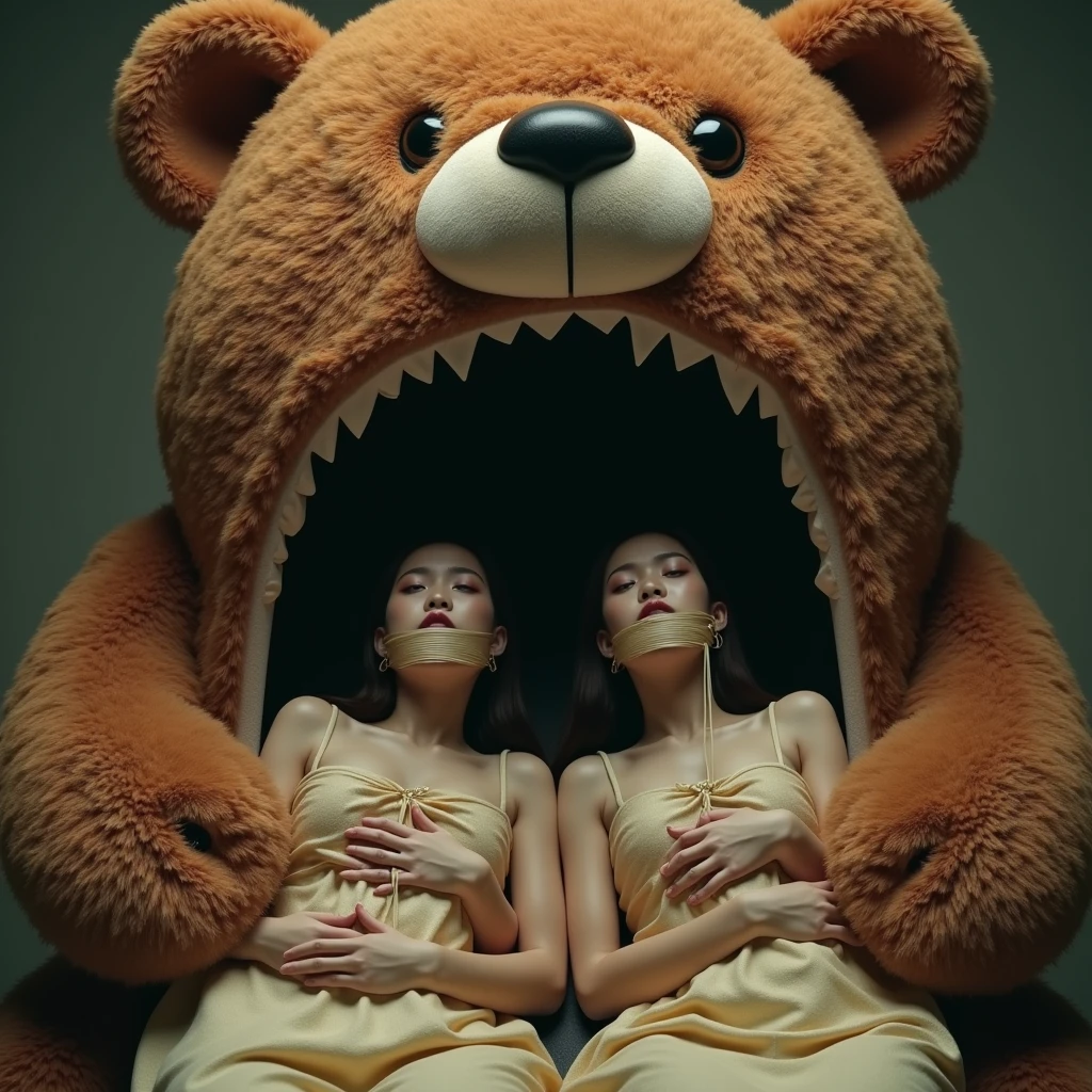 A 2 beautiful Asian woman is bound and gagged in a plush sleepbag that is inside the mouth of a huge brown teddy bear plush, the plush is large occupying most of the picture, the woman appears to be relaxed. The teddy bear is appearntly attempting to eat the woman in her sleep bag we can see the entire plushie's body