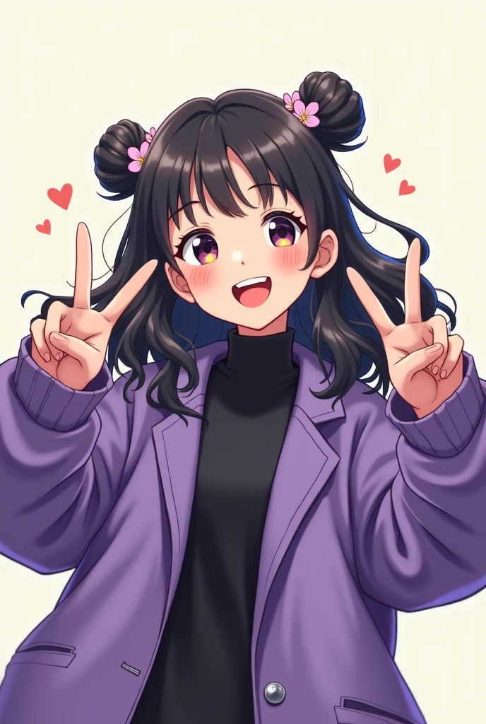 Create an illustration of a cheerful Korean age girl making a double peace sign with both hands. She has long, wavy, dark hair tied into two small buns with flower accessories. Her expression is lively and happy, with beautiful, bright, upturned (Asian) eyes and a wide smile. She is wearing an oversized purple jacket and a black turtleneck. The background is simple and light to emphasize her fun and energetic pose. Alta resolução, Obra-prima, Anatomicamente correto, Melhor qualidade, Detalhe, Modelo HD, Alta qualidade, Qualidade, Super detalhe, Ultra HD, Rubor, Leve sorriso, Renderização 3D, Cinematográfico, Cinematografia, Hiperdetalhado, Fotorealismo, Realismo,