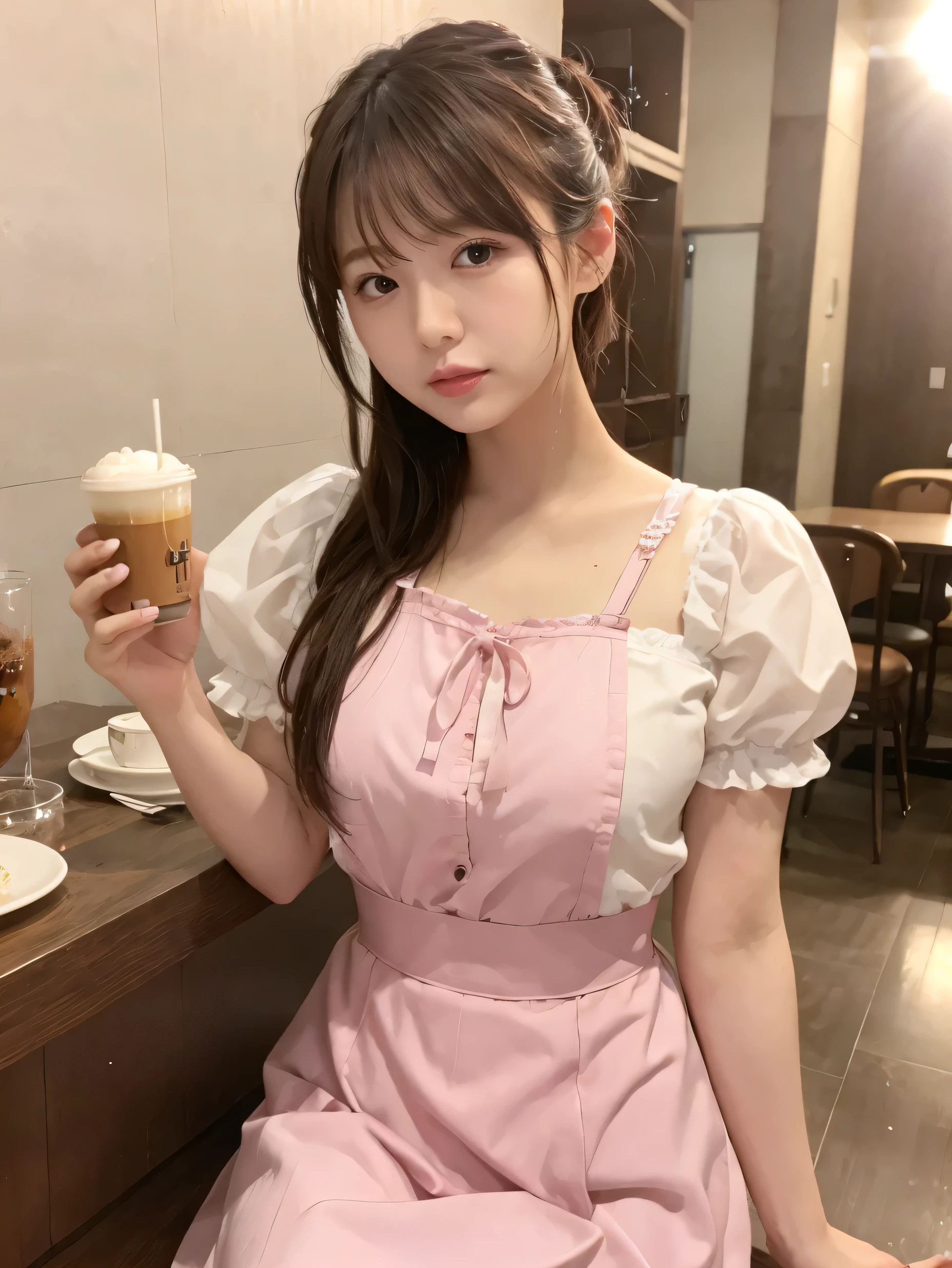 1 girl、(RAW Photos、Highest quality)、(Real、Photoreal:1.4)、Tabletop、Very delicate and beautiful、Very detailed、2k wallpaper、wonderful、Detailed、very detailedCG Unity 8K wallpaper、Super detailed、High resolution、Waitress Outfit、Pink maid outfit、Long skirt、Frills、Soft Light、Beautiful detailed girl、Cafe waitress、Very detailed目と顔、Cafe