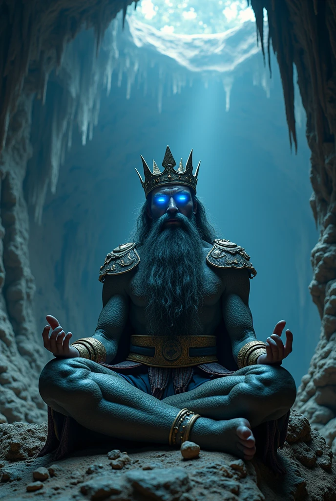 a award winning heroic shot of a mountainking in a stunning detailed showcave, epic mountainking meditate about life, long curly beard, glowing blue eyes, cave is like a big dome, fantastic stalagmites and stalactites, cinematic lighting, moody lights, heroic pose, in the style of photorealistic fantasy, still from a oscar winning fantasy movie, detailed crown out of rock, shot on arri Alexa xf, 50mm zeiss supreme prime lens, clear and sharp focus, shallow dof, fantasycore, stonecore, beautifully color graded, dynamic composition, –ar 16:9 –s 500 –v 5